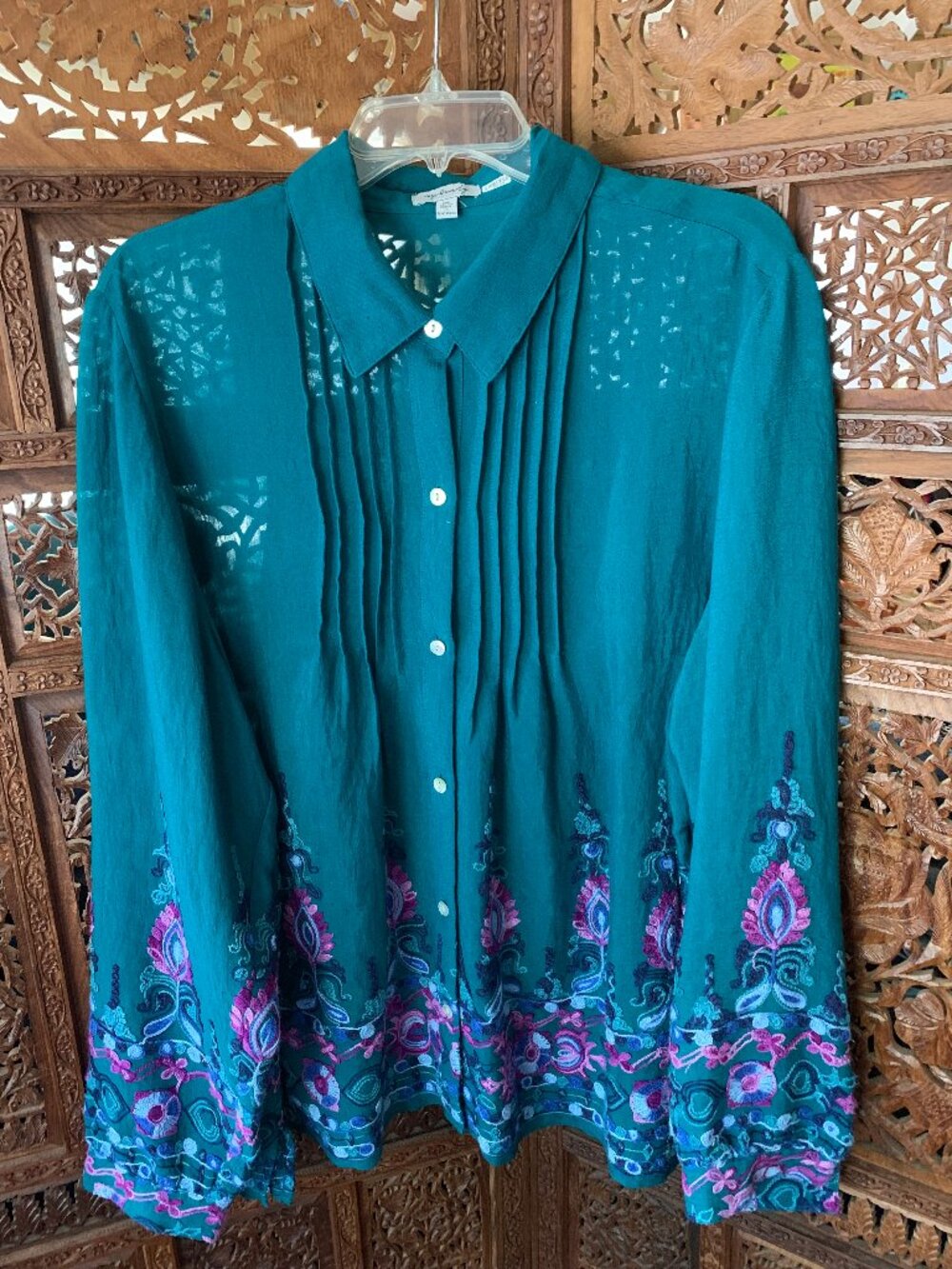 Teal blouse with bright floral embroidery, 2XL